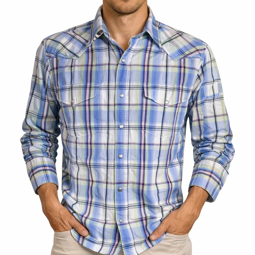 Roper Western Shirt Large Plaid Blue‎ Purple Green LS Pearl Snap